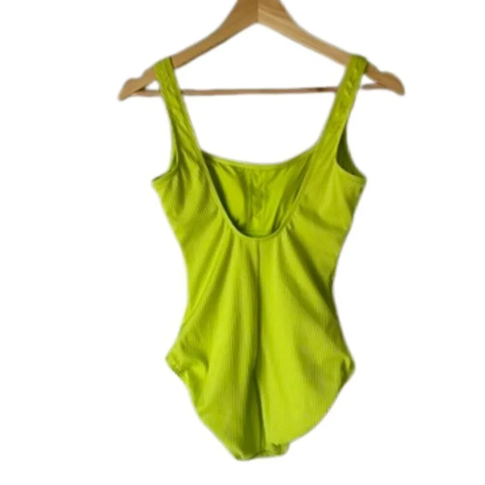 Michael Kors Vibrant Lime Green Ribbed One-Piece Swimsuit, Gold Accents, Small